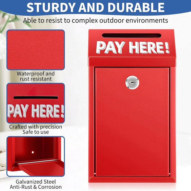 Hualleko Cash Money Box with Slot – 10.2In Metal Donation Box with Lock for Cash Deposit,Wall Mounted Money Drop with Lock and Slot for Home/Farm/Office/Outdoors(Red) - Image 5